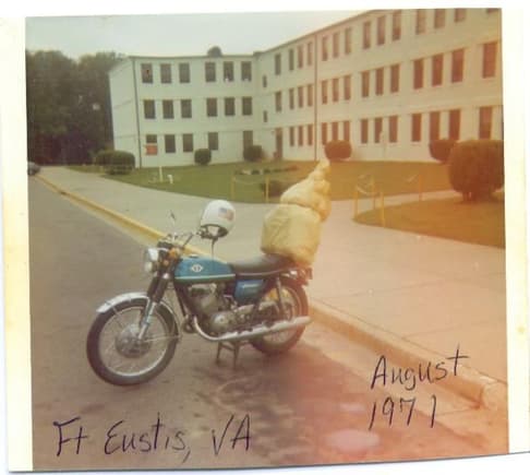 My first motorcycle. 1969 350cc Suzuki.  In the Army riding 1400 miles home, then on to Vietnam.