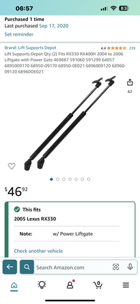 I replaced the lift gate struts on my 2005 RX 330 with the struts pictured   Although they come with brackets on them, they easily pop off, and they were a direct fit.  5-10 minute job by myself.  It is easier if you have 2 people, 1 to hold the hatch up and 1 to replace them.  I propped mine open and did one side at a time  