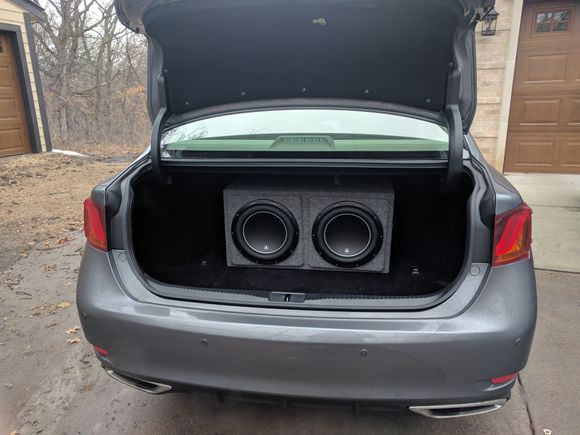 Final setup with the subs in a dual sealed enclosure.  The amp and loc are wired behind it.