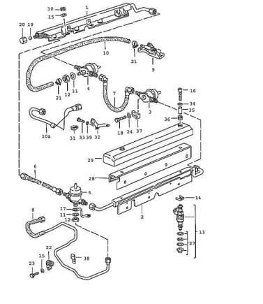 Porsche fuel rail (#2), fuel rail foam damper (#28) and fuel rail cover (#29)