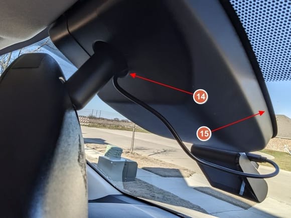 I chose to run the USB cable outside of the hole (#14), but you can also run it along the sides of the big cover (#15) depending on where you decide to mount your dashcam.