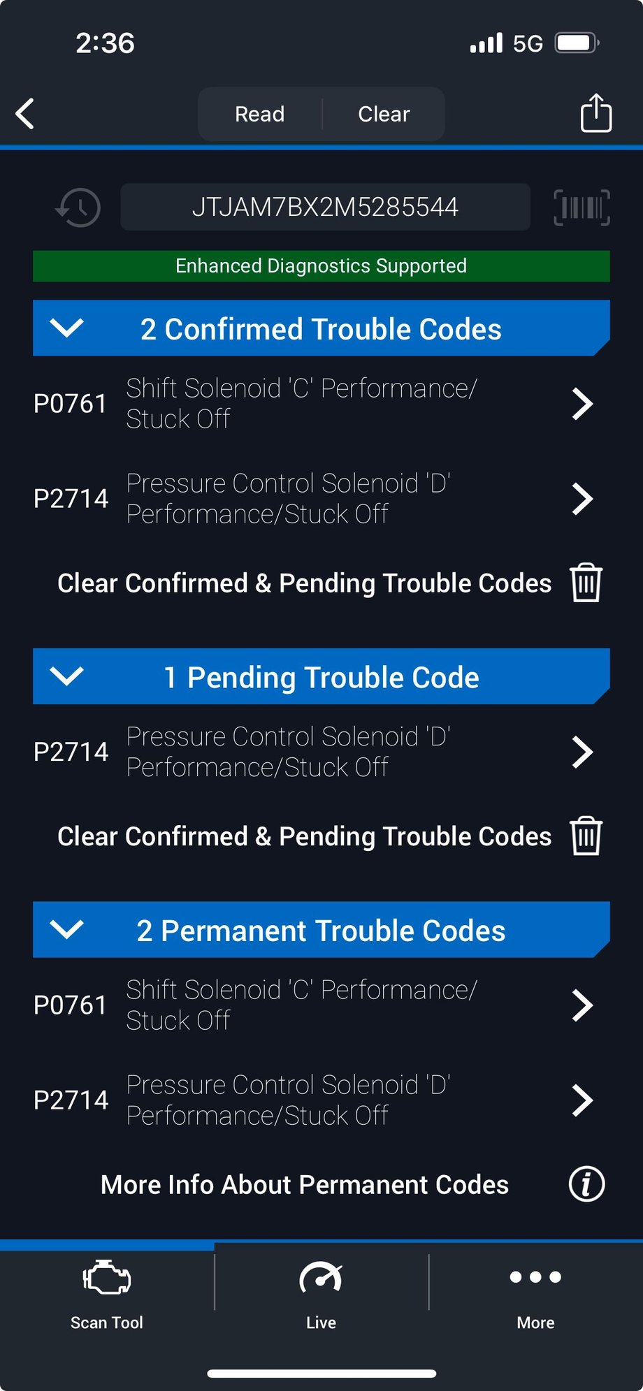 These were the codes I got the second time. The permanent code was the first time. They did take it apart replace the solenoid and I drove it. Then the check engine came on again and got both these codes. They tried to replace the solenoid�s again but got an error code still. So now new transmission but it�s on back order. Have no idea when I get my car bacj