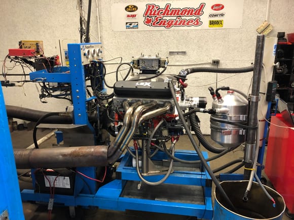 This shows the setup we ran with for the dyno pulls. Most items were similar to my actual setup.
We used my headers, my drysump system and oil tank while the carb, coil packs, water pump, plugs/wires and hoses were just the shops stock items.