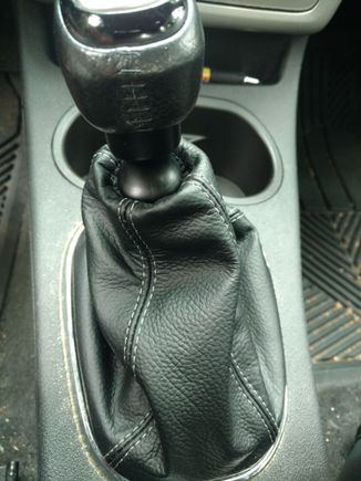 Shifter boot for a Cobalt SS Supercharged from redlinegoods.com with light grey thread on black leather