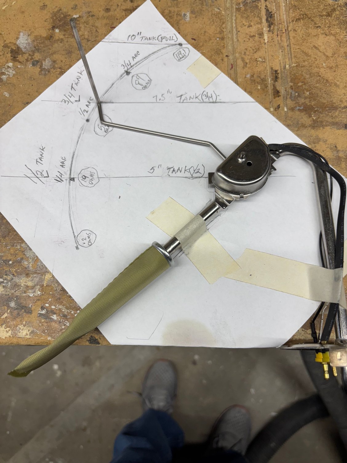 Note the float has been removed to enable reading the diagram I created showing gas tank level, max and min arc of float, and ohm outputs at various positions.