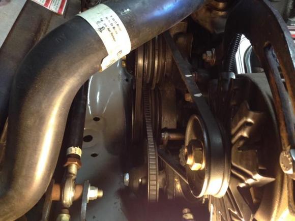 Driver side view showing alt belt, ps belt, and part of a/c belt.