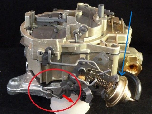 Blue arrow is called the choke pull-off, but it also slows the secondary air valve opening.