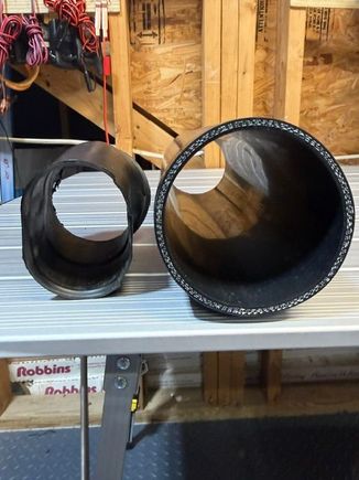 OEM intake final section vs. the 3" silicone hose.  BIG difference, and the hose can be extended further out front for cooler air.