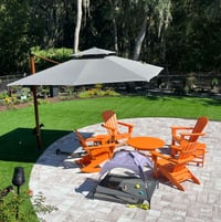 New patio umbrella from Purple Leaf! Furniture from Polywood, and the dog bed is from Max and Marlow outdoor gear from Chewy.com