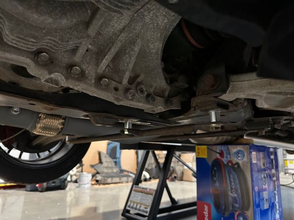 Spacers installed, brace barely clears downpipe