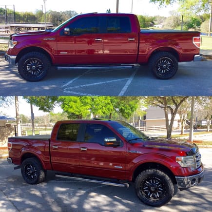 2014 F150 Lariat Ruby Red, Anthem Aviator A741 Gloss Black Wheels 20X9, -0 offset, 33X12.5, Toyo Open Country RT, 2.5 Front Leveling Kit & Rear Air Bags
