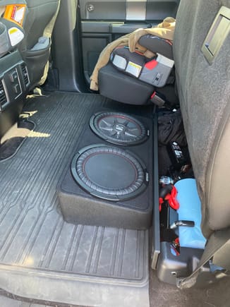 Kicker subwoofer sounds amazing and can be down firing. 