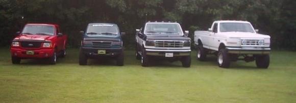 Ford Family older picture (left to right) dad's 02 ranger (sold), my 93 ranger (sold), uncles 98 f350 powerstroke, cousins custom truck 77 f250 frame, 90's body, 460 big block ford (sold)