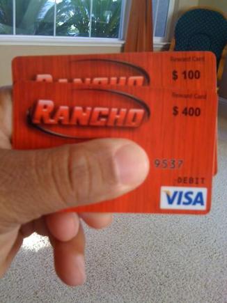 Rebate cards. Rancho sent the $100 card first. Had to call them to clarify &amp; get the full rebate amount.