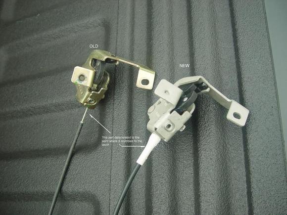 The white plastic part (as seen on the new one) crumbled away to the touch. This prevented the cable from pulling the latch open.