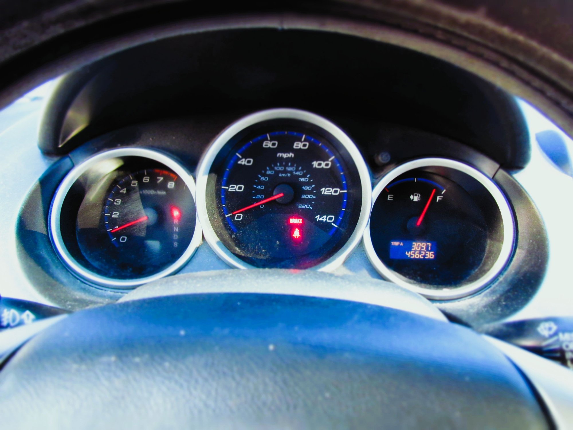The gauges here show an earlier mileage � lower than my current 456,355. I don�t drive like I used to. One year I put 67,000 miles on my Fit Sport.