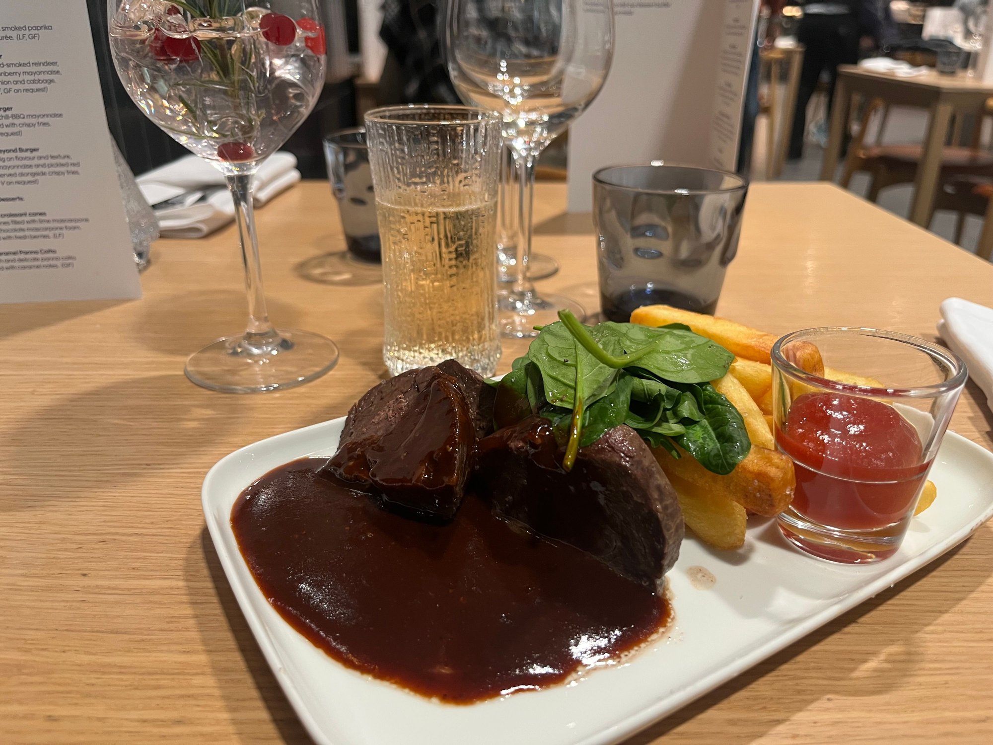 Overcooked beef with paprika sauce but tasted like barbeque sauce. Couldn�t eat it�