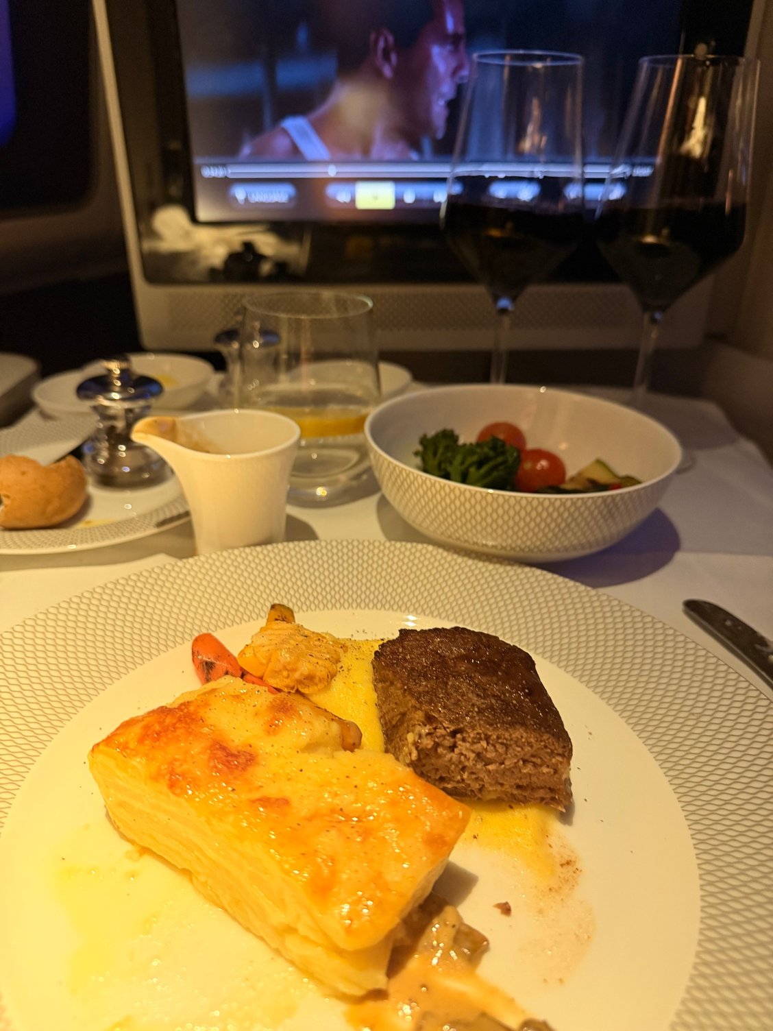 Well done steak; the potato gratin was nice. 