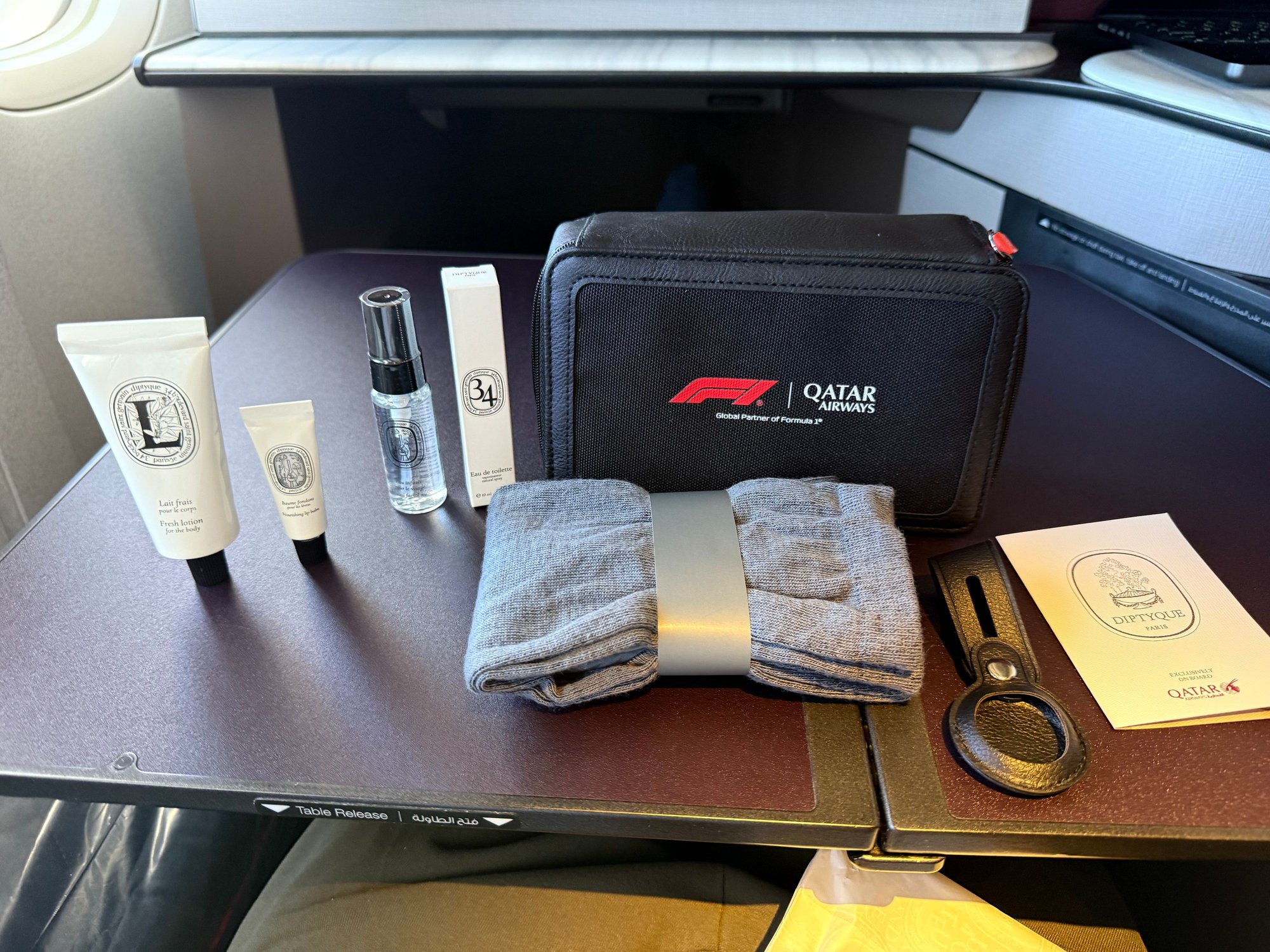 Body Lotion, lip balm, facial mist, 34 perfume, grey socks and eye mask, leather AirTag holder.