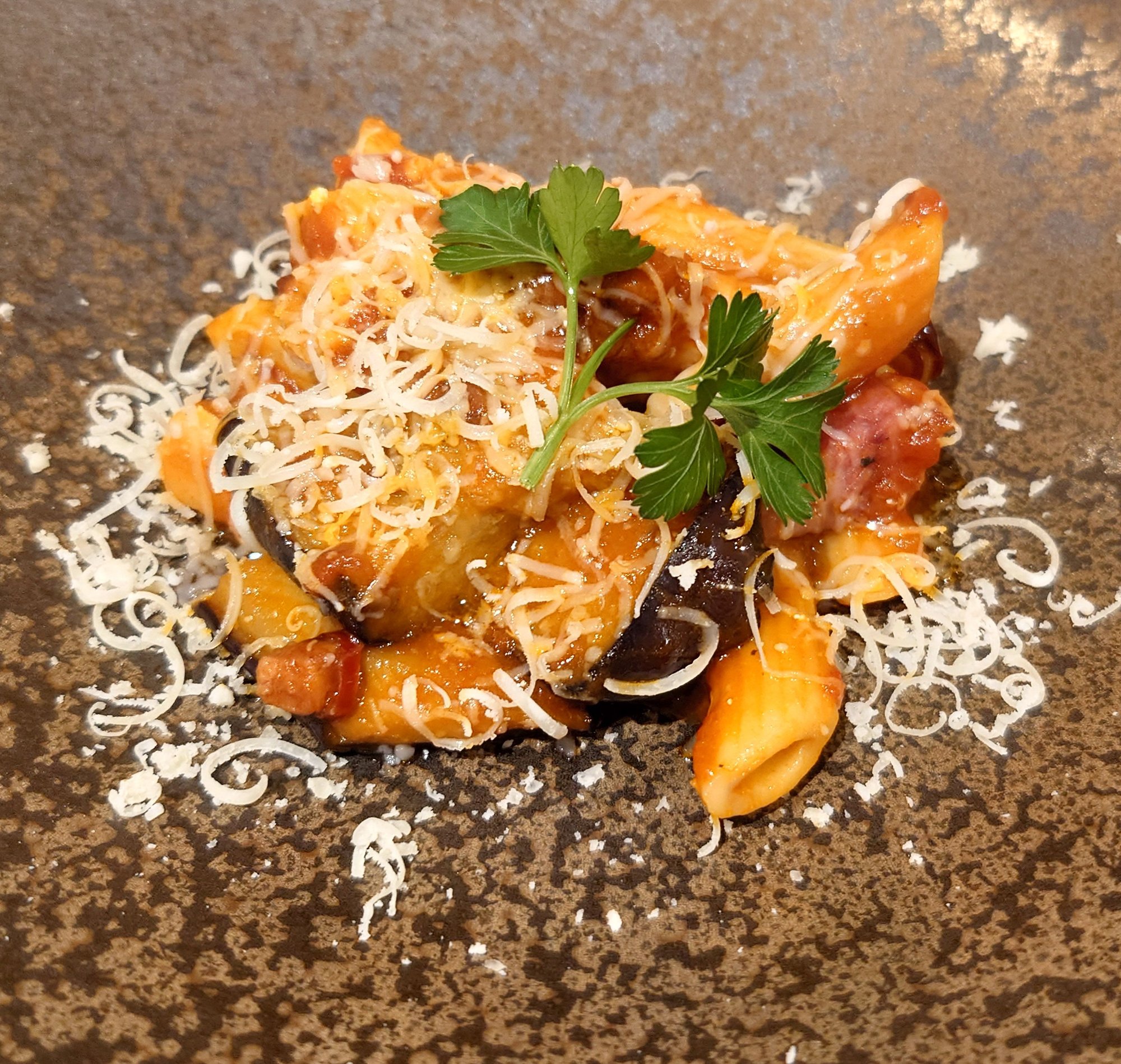 Arabiata with pancetta and egg plant 