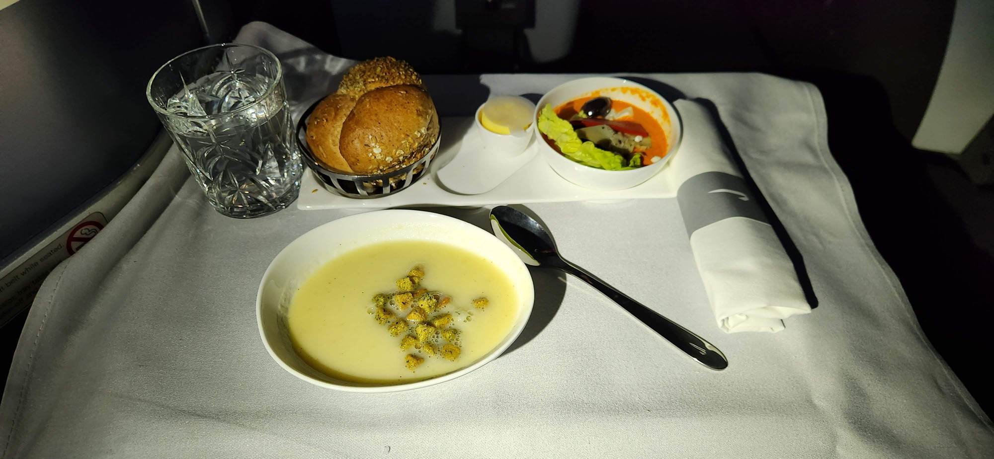 Spiced parsnip and apple soup, garlic and herb croutons - Mediterranean salad with romesco sauce and feta cheese, lettuce, red bell pepper, artichoke, olives
