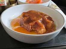 Waffle - peach jam, maple syrup.

A bit on the sweet side.