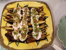 Eggplant with feta, yogurt, herbs and pistachio
