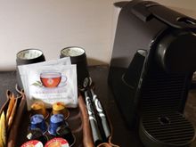 Coffee/tea setup featured local blueberry herbal & blueberry green tea
