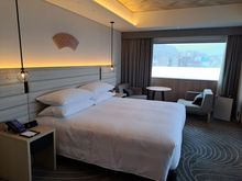 The premium room bed ( desk  with chiller and to the right). Did like the patterned design on the ceiling
