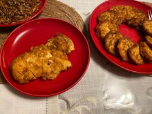 Chicken breast , fried ikan bilis and tuna bergedel  ( tuna potato patties )