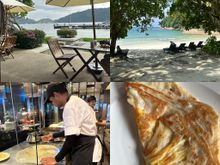 Views from two of the dining areas, the main buffet one and Chapman's Bay.  Roti telur, egg in roti, was superb.