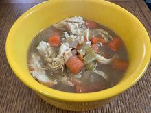 Chicken and rice soup with onions and bad carrots and bad celery. 