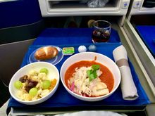Halibut with fennel(?) in tomato sauce and the “famous” cauliflower “salad” with grapes.