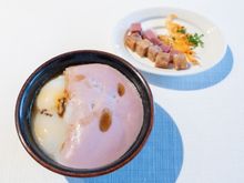 Quail Egg, Taro Puree, Sakura Shrimp