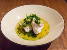 My main: fish (variety not specified, IIRC) served in a lemon verbena broth.
