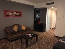 Living room rather sparsely furnished with poor lighting 