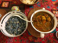 Nasi ulam with bunga terlang ( blue pea flower ) for colour and udang nanas - pineapple prawns