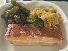 CDG-EWR.

That fish was DRY.

Excellent wine selection with a very good Chateauneuf du Pape and the Chateau Saint Jean which is extremely enjoyable. 
