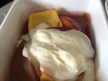 Plum clafoutis - poached plums, crepe fraiche, candied almonds