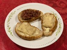 2 types of open face sandwiches - corned beef and Tillamook white cheddar cheese with smoked black pepper 