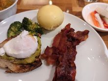 avocado toast, poached egg, bacon