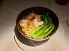 Prawn with thick egg noodles in soup