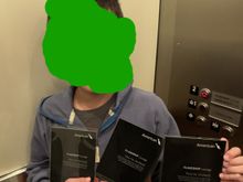 Picture of my 9 year old son with all three Flagship cards