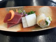 Sashimi course; this came along with some sake that the flight attendant recommended. I could've gone with or without this one.