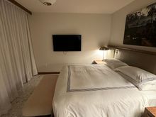 Bedroom. Comfortable bed, flat-ish pillows.