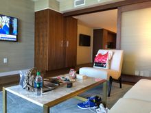 Living room - washer and dryer are behind the wooden cabinet.