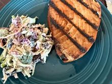Grilled teriyaki ahí and broccoli slaw