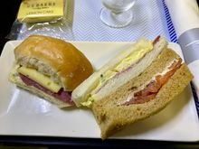 Afternoon snack: salt beef and pickle, ham and egg mayonnaise, smoked salmon and cream cheese