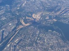 Aerial view of Ruhr River with Kaiserberg right in the middle and the Alstaden part of Oberhausen in the background 