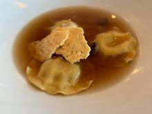 Mushroom ravioli (the sauce was more of a broth, which tasted great, but caused the innards of the ravioli to leak out once cut and made the parmesan crispy soggy)